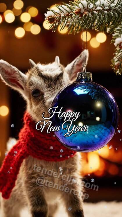Happy New Year: a tiny baby goat with soft ears watches fireworks in an ornament