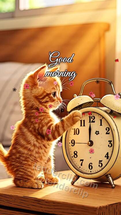 Good morning: a kitten wakes the alarm clock