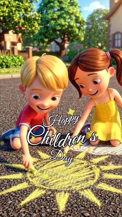 Happy Children’s Day: children draw a sun with chalk