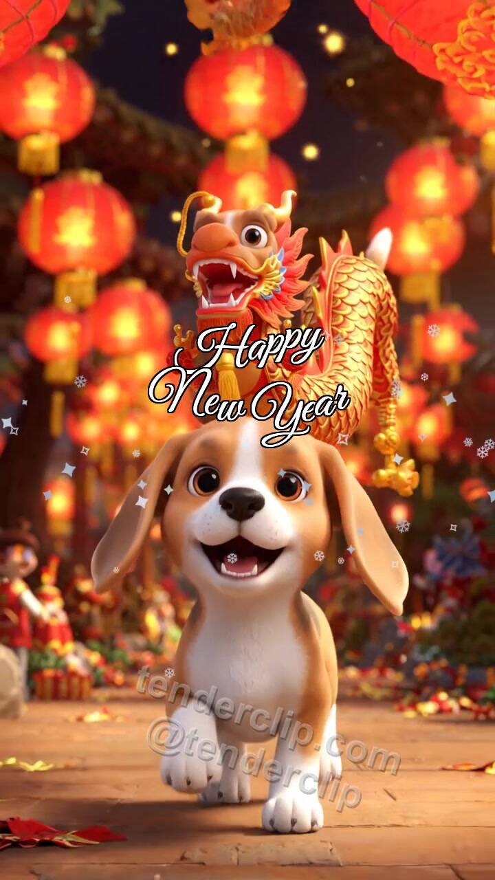 Happy New Year: a joyful puppy with floppy ears leads a tiny parade