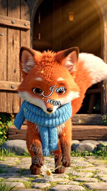 I am near: fox cub brings a flower to the door