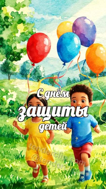 С днём защиты детей: дети бегут с воздушными шарами