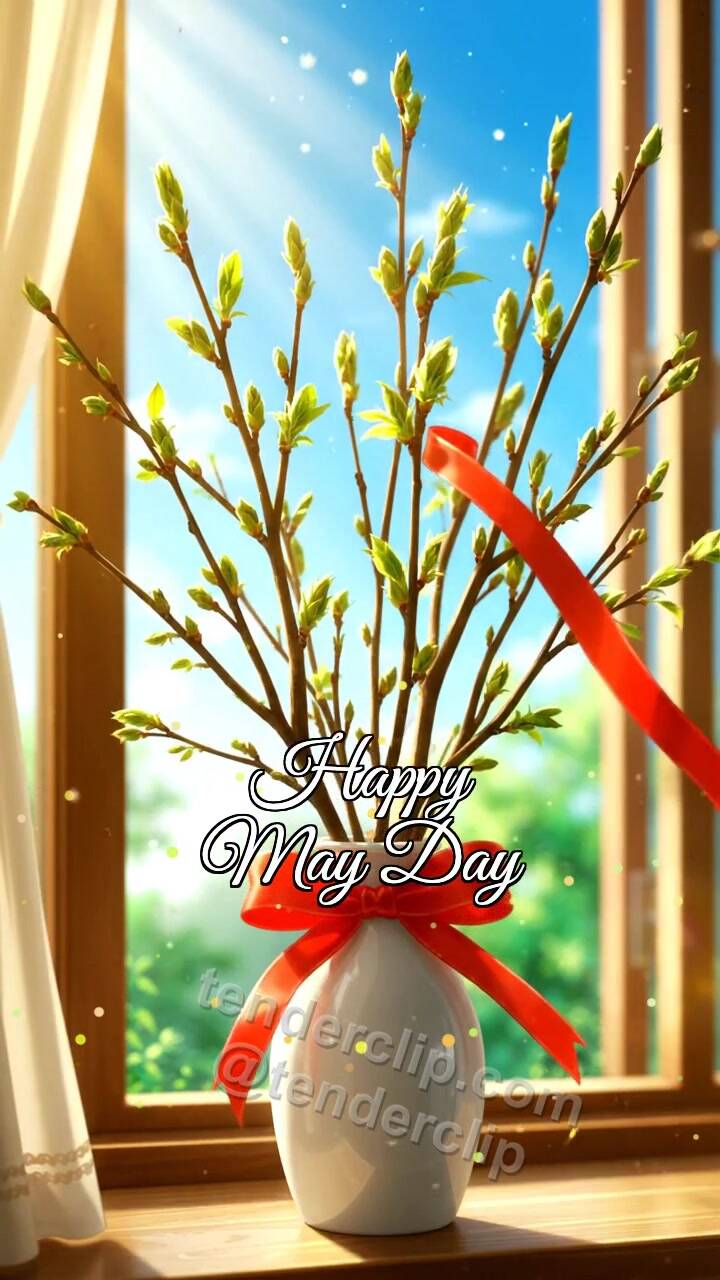 Happy May Day: spring branches open by a window