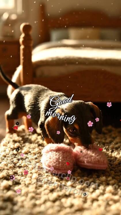 Good morning: a puppy brings slippers