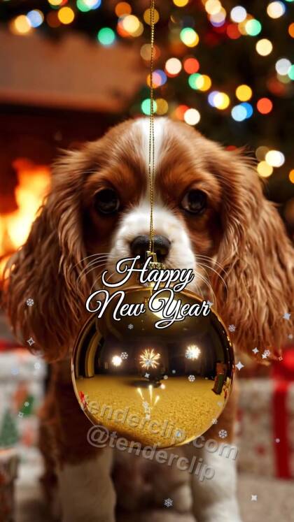 Happy New Year: a joyful puppy with floppy ears watches fireworks in an ornament