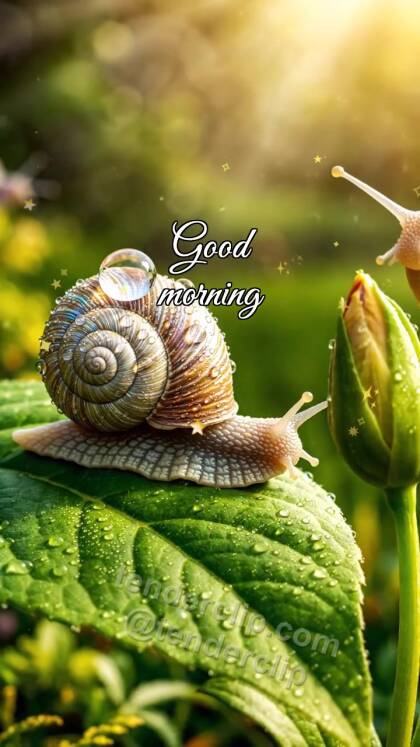 Good morning: snail carries dew to a flower