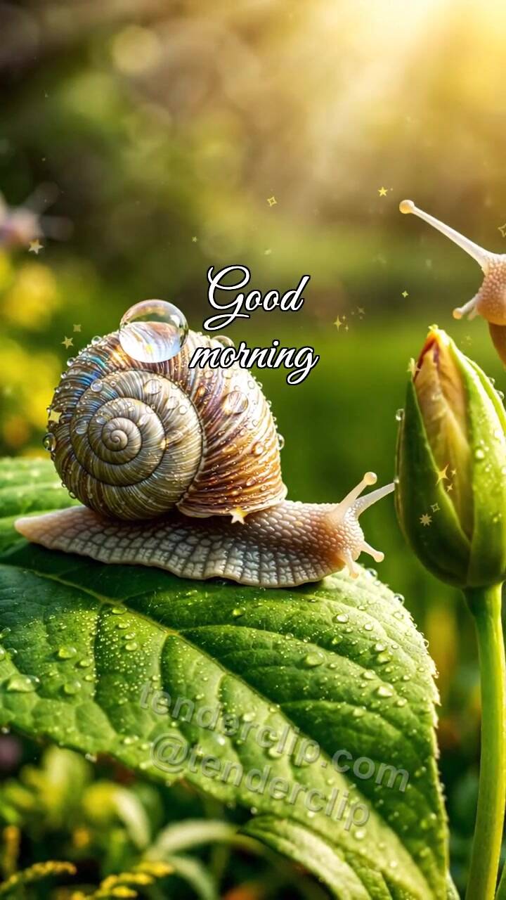 Good morning: snail carries dew to a flower