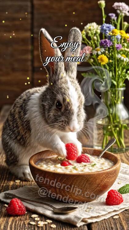 Enjoy your meal: bunny brings berry to porridge