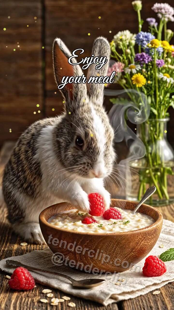 Enjoy your meal: bunny brings berry to porridge