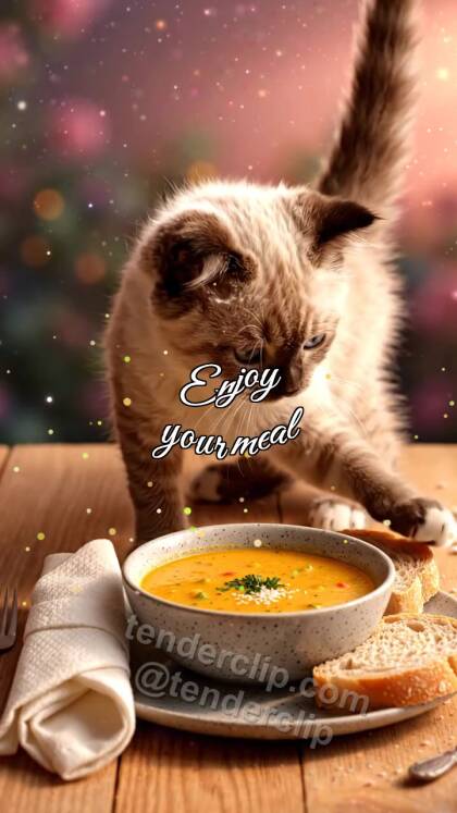 Enjoy your meal: kitten places bread near plate