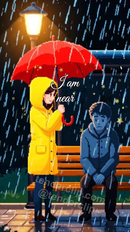 I am near: woman shields a man from rain