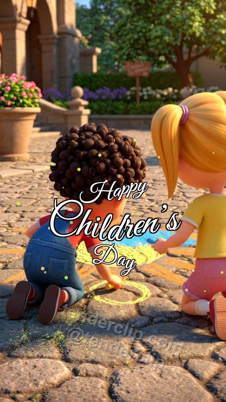 Happy Children’s Day: children draw a chalk sun