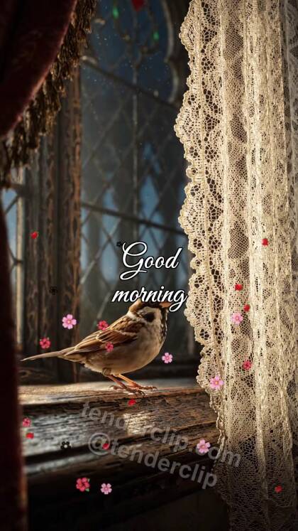 Good morning: a sparrow opens the window view
