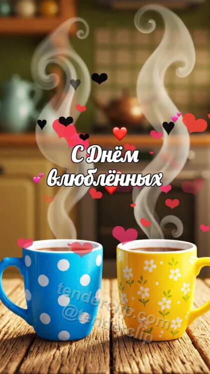 С Днём влюблённых: две чашки образуют сердечный пар