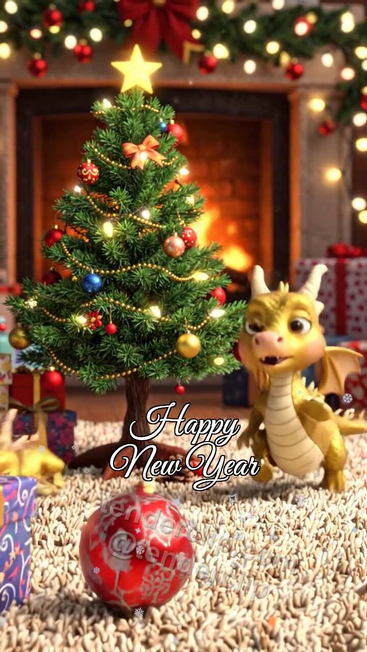 Happy New Year: a friendly tiny zodiac dragon with soft golden scales rescues an ornament