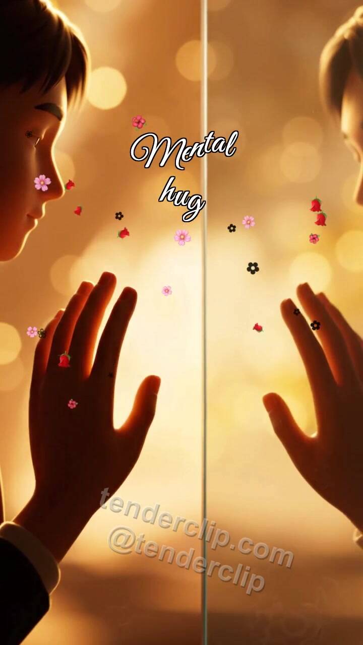 Mental hug: palms meet through glass