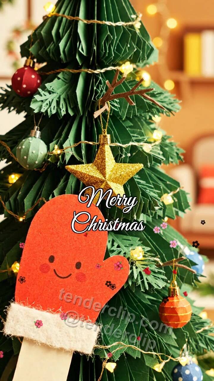Merry Christmas: warm mitten places an ornament