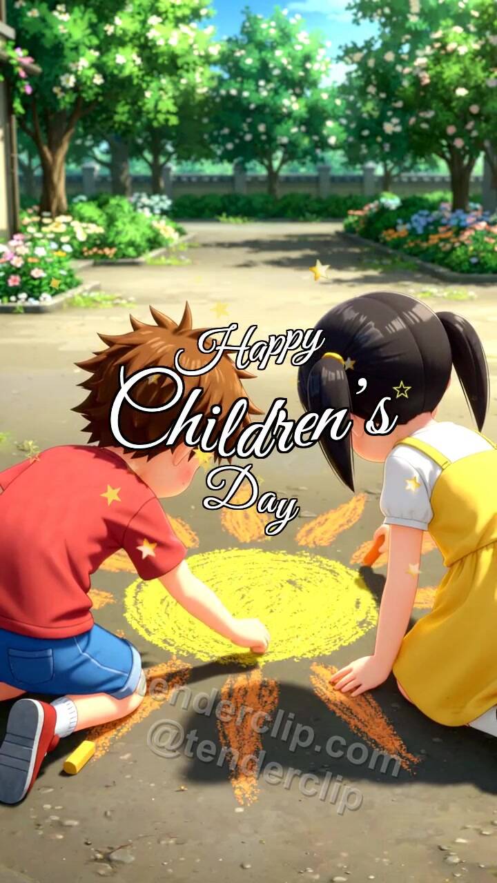 Happy Children’s Day: children draw a chalk sun