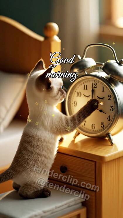 Good morning: a kitten wakes the alarm clock
