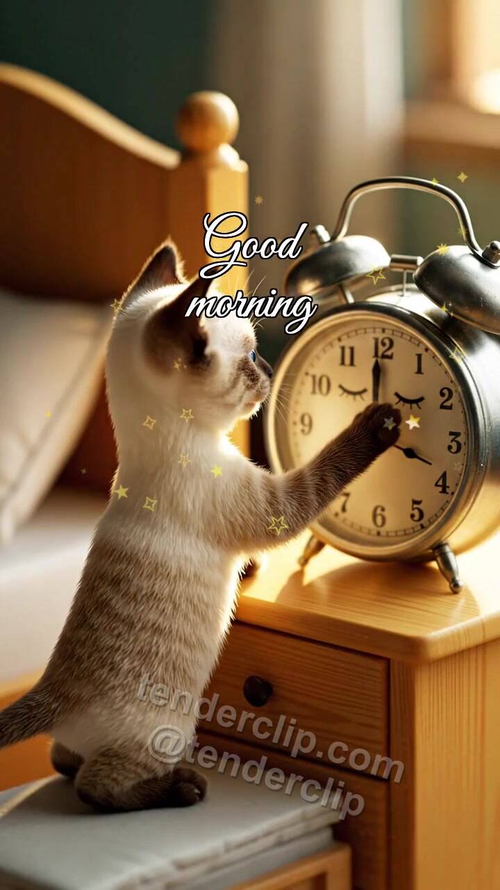 Good morning: a kitten wakes the alarm clock