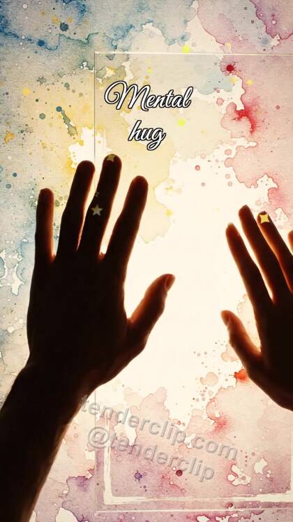 Mental hug: palms meet through glass