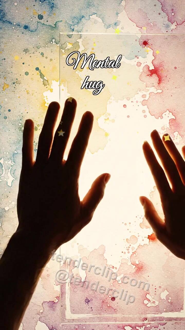 Mental hug: palms meet through glass