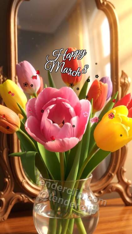 Happy March 8: tulips open in front of a mirror