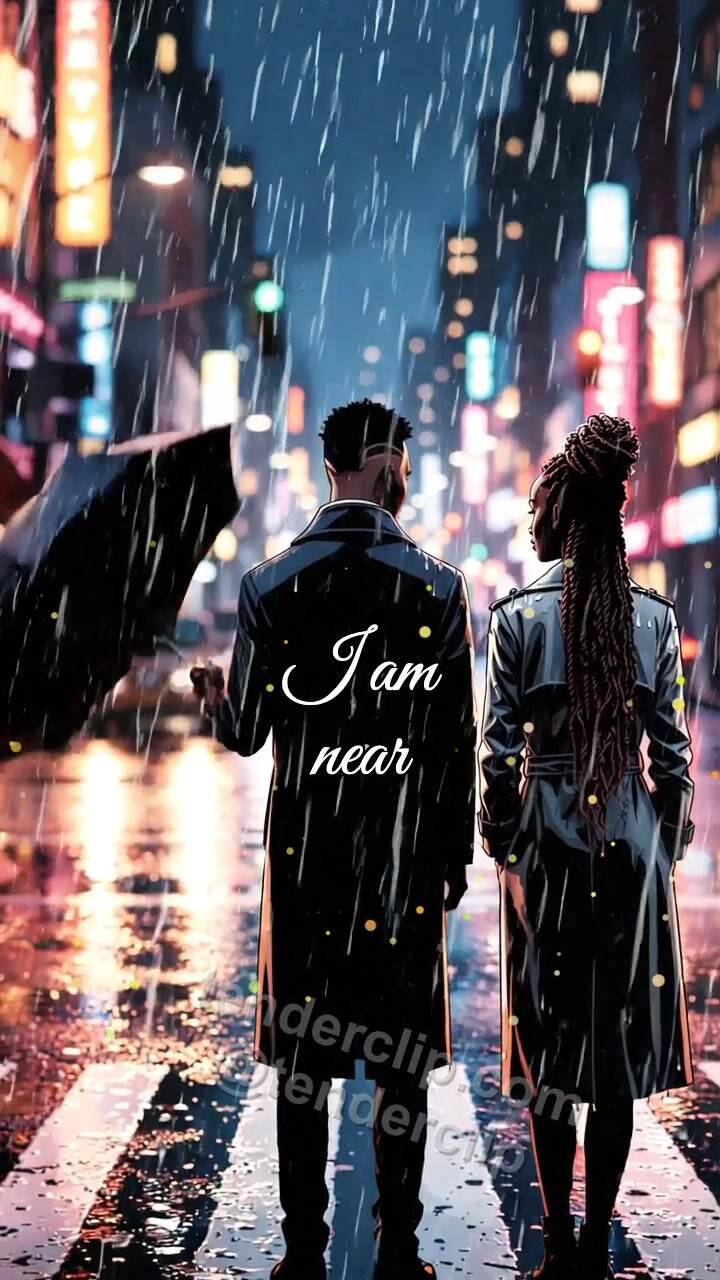 I am near: man shields a woman from rain