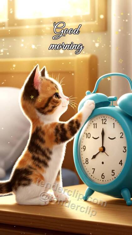 Good morning: a kitten wakes the alarm clock
