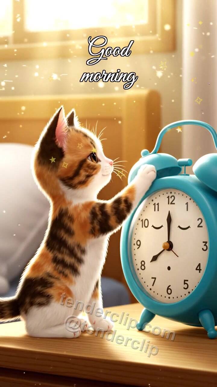 Good morning: a kitten wakes the alarm clock