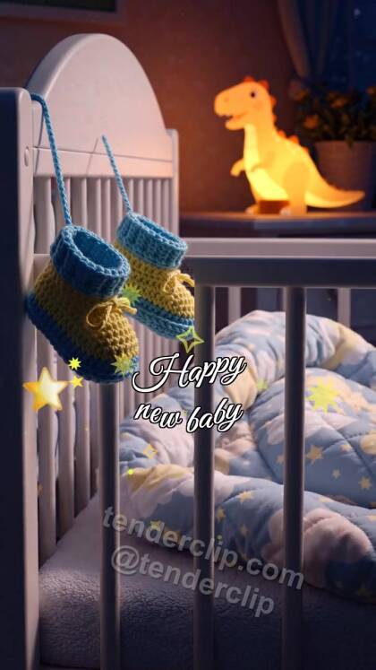 Happy new baby: tiny booties sway by a crib