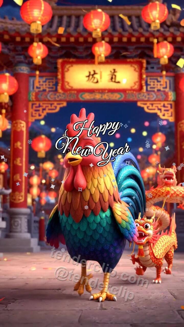 Happy New Year: a proud colorful young rooster leads a tiny parade