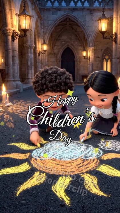 Happy Children’s Day: children draw a sun with chalk