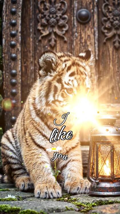 I like you: tiger cub gets shy with a lantern