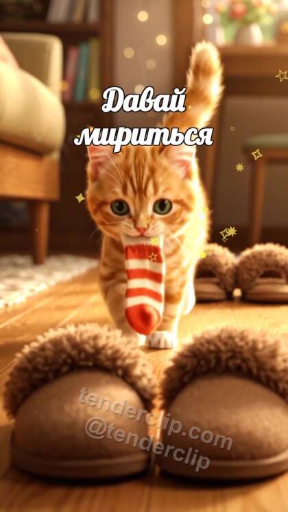 Давай мириться: котёнок возвращает украденный носок