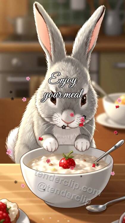 Enjoy your meal: bunny brings berry to porridge