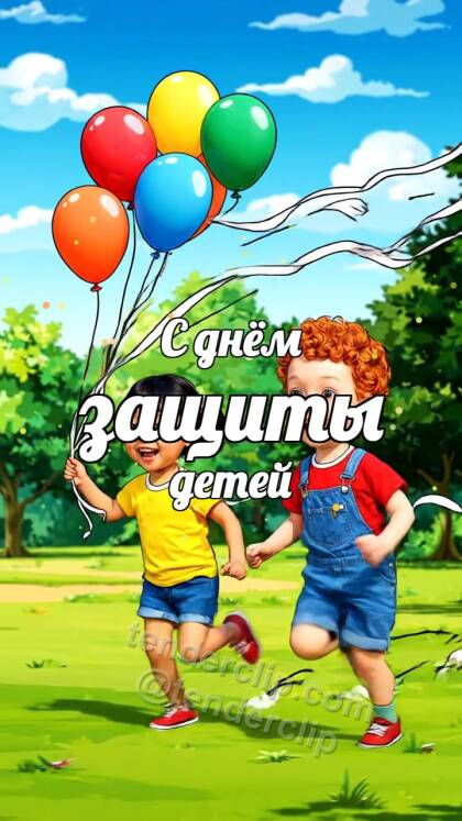 С днём защиты детей: дети бегут с воздушными шарами