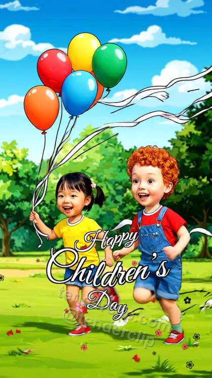Happy Children’s Day: children run with balloons