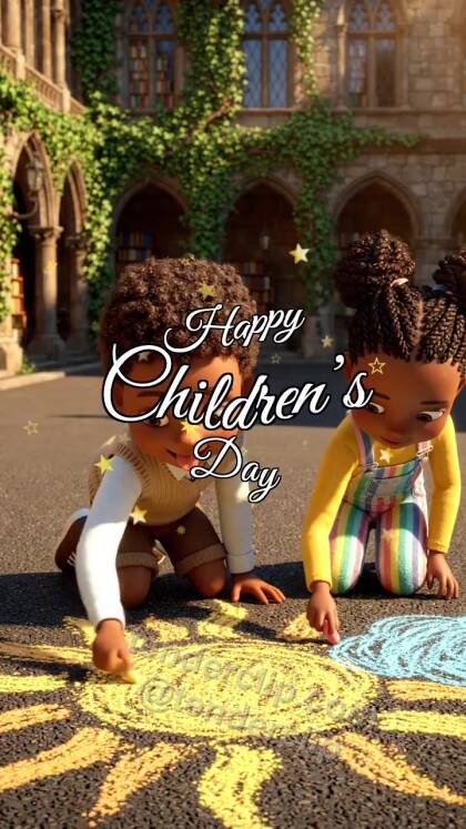 Happy Children’s Day: children draw a sun with chalk