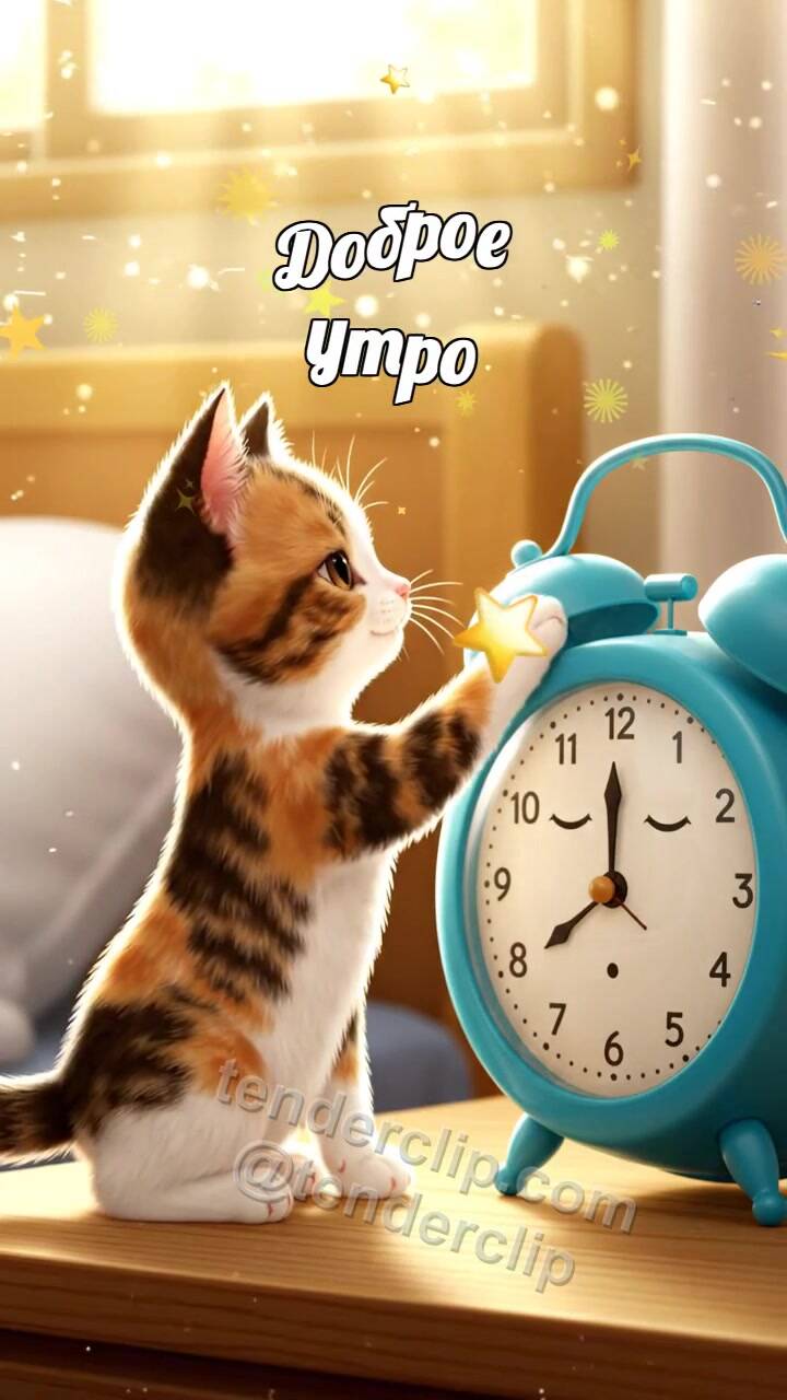 Доброе утро: котёнок будит будильник