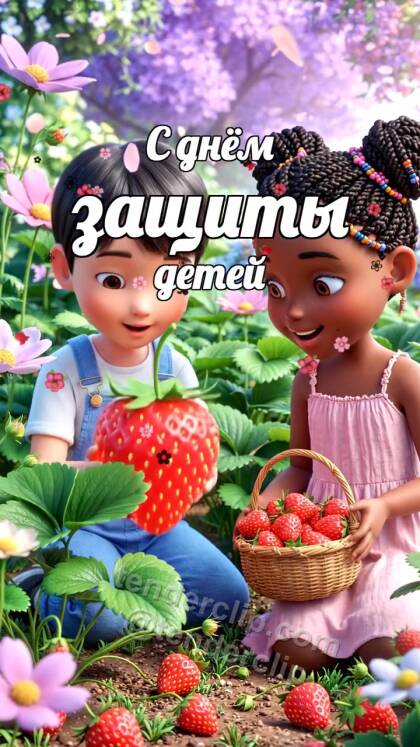 С днём защиты детей: дети собирают клубнику