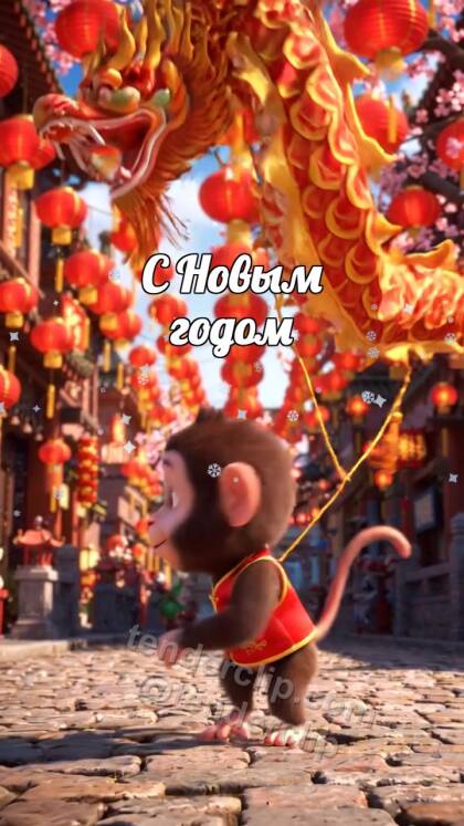 С Новым годом: озорная маленькая обезьянка ведёт маленький парад