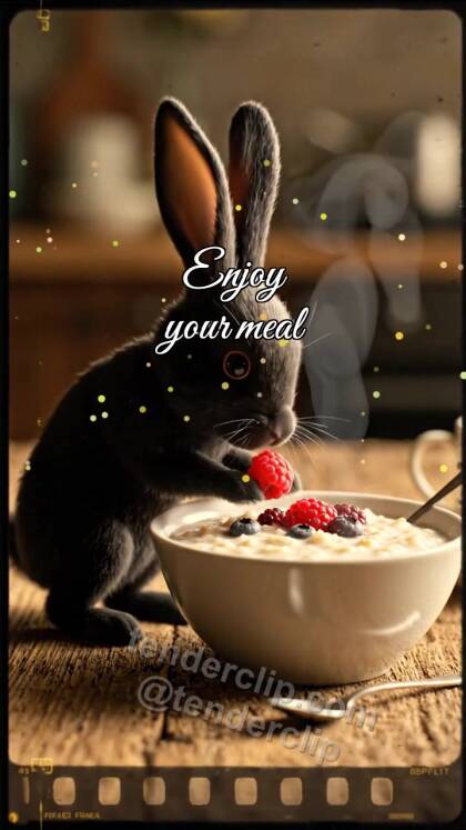 Enjoy your meal: bunny brings berry to porridge