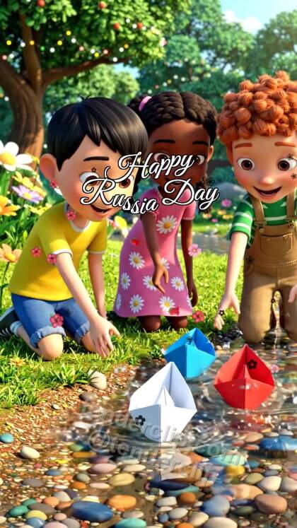 Happy Russia Day: children launch three colored paper boats