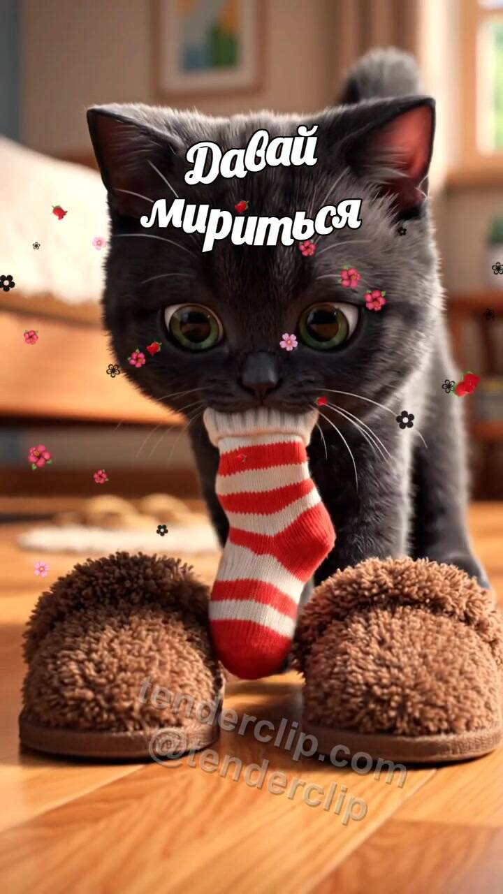 Давай мириться: котёнок возвращает украденный носок