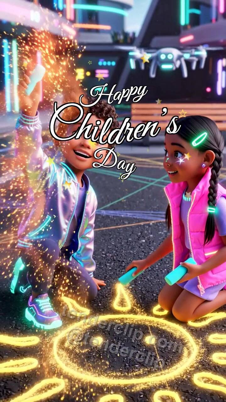 Happy Children’s Day: children draw a sun with chalk