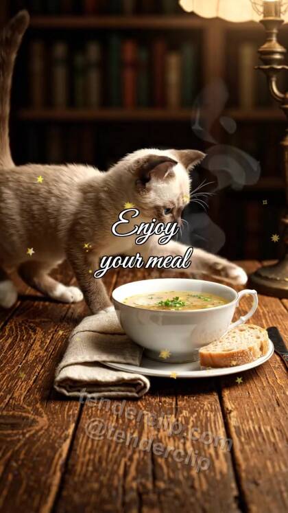 Enjoy your meal: kitten places bread near plate