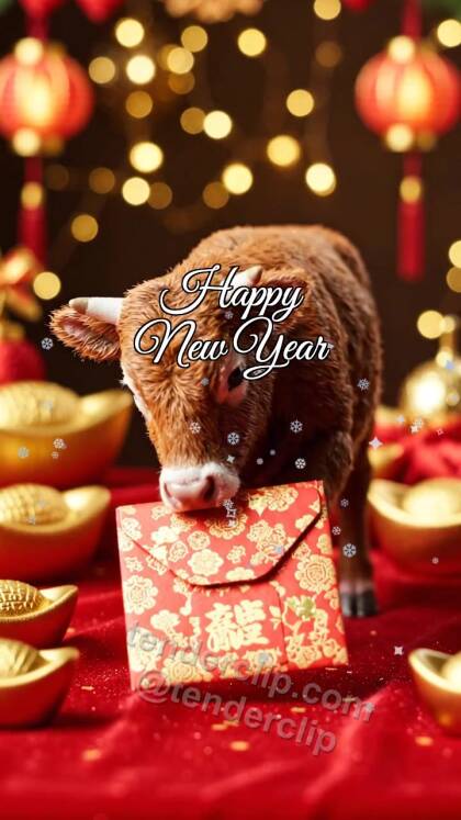 Happy New Year: a gentle baby ox with tiny horns delivers a red envelope