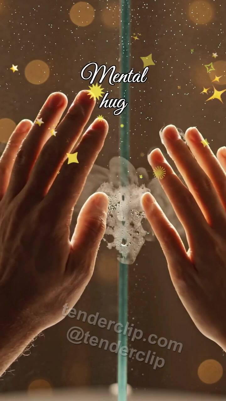 Mental hug: palms meet through glass