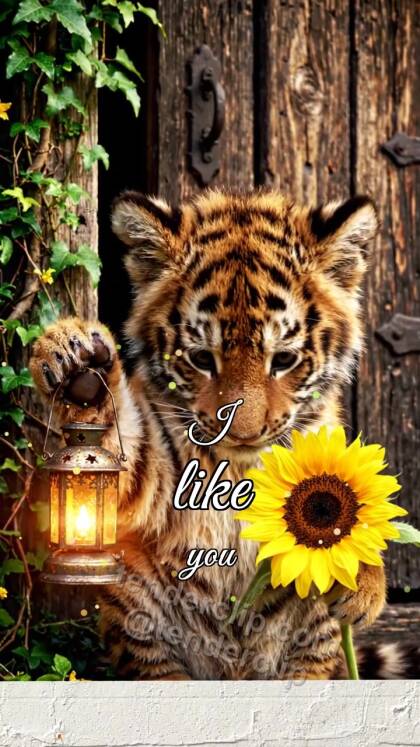 I like you: tiger cub gets shy with a lantern